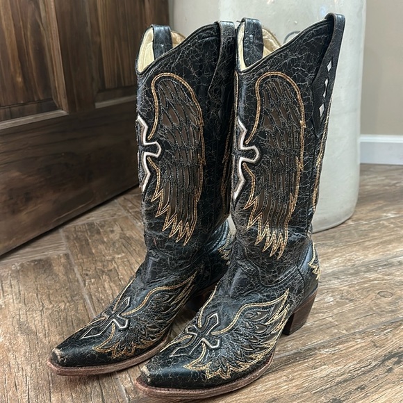 CORRAL A1967 distressed black winged cross cowgirl western boots snip toe sz 10 - Picture 1 of 8